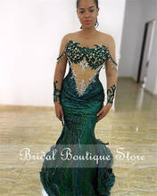 Elegant African Green Lace Appliqued Mermaid Evening Dresses 2022  Aso Ebi Sheer Neck Beaded Prom Gowns Robe De Soiree 2024 - buy cheap