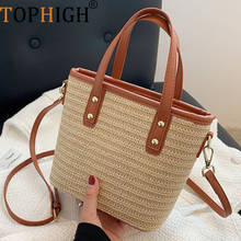 TOPHIGH New Fashion woven straw bag retro leather cover messenger woven bag shoulder summer female beach travel bag 2024 - buy cheap