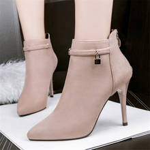 Metal Lock Fashion Flock Boots Winter Zipper Platform Women High Heel Shoes Pointed Toe Ladies Warm Short Plush Ankle Boots Sexy 2024 - buy cheap