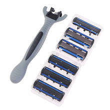 Lâmina de barbear de 6 camadas na cor azul, 6 lâminas extras com suporte, conjunto de lâmina de barbear facial para homens