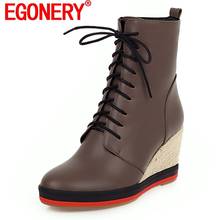 EGONERY Women Fashion Ankle Boots 2022 Winter New Come Round Toe Platfrom High Heels Wedges Sexy Shoes Laced Up Zipper Booties 2024 - buy cheap