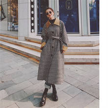 Autumn Winter Hepburn Splice Plaid Long Wool Blends Coat Women Vintage Loose Belted Trench Overcoat Female Elegant 2024 - buy cheap