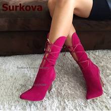 Surkova Fuchsia Green Suede Ankle Boots Women Elegant Lace-up Pointed Toe Short Booties Stiletto Heels Dress Shoes Size46 2024 - buy cheap