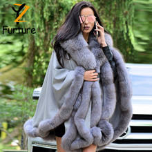 Fashion Bat-shaped Design Cashmere Cloak With Natural Fox Fur Coat Cape Winter Women Loose Long Shawl Warm Robe Overcoats New 2024 - buy cheap