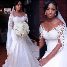 Vestido de noiva africano, alta qualidade, manga longa, renda, feminino, vestido de noiva 2024 - compre barato
