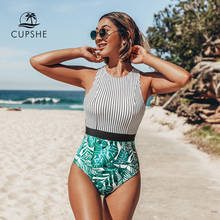 CUPSHE Black Striped And Green Leaf One-piece Swimsuit Women Sexy Cutout Monokini Bathing Suits 2021 New Girl Beach Swimwear 2024 - купить недорого