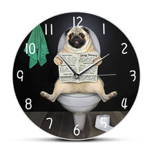 Newspaper on Toilet in Bathroom Pug Dog Read Puppy Dog Wall Clock Funny Animals Wall Art Hanging Wall Watch Dog Lover Home Decor 2024 - buy cheap