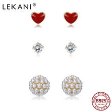 LEKANI 100% 925 Sterling Silver For Women Round Zircon Stud Earrings Red Heart And Ball Pearl Earrings Set Anniversary Jewelry 2024 - buy cheap