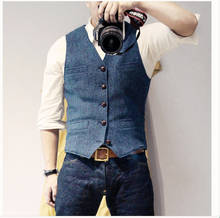 Men's Suit Vest Blue Single Breasted Woolen Blended Mens Vest Denim Jeans Waistcoat Jacket Slim Fit Casual Formal Business 2024 - buy cheap