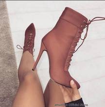 New designer stretch pointed toe lace up short boots women Side zipper black red Straps Thin High Heel Autumn Ankle Boots 2024 - buy cheap