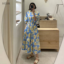 Новинка, шифоновое длинное платье с пышными рукавами и цветочным принтом, летнее женское платье в Корейском стиле, модное цельнокроеное платье для офиса, уличное платье 2024 - купить недорого