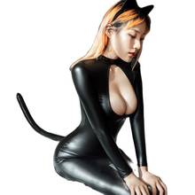 Hollow Out Long Zipper Open Crotch Bodysuit Cosplay Eyra Cat Girl Catsuit PU Leather Catsuit Rompers Womens Jumpsuit Set Teddies 2024 - buy cheap