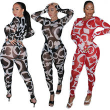 Sexy Mesh Perspective Jumpsuit Oversized Women Long Sleeve Rompers Printed Poker Pattern Skinny Club Party Night Long Jumpsuit 2024 - buy cheap