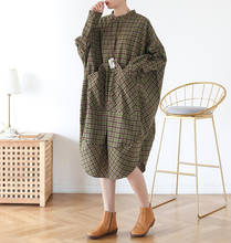 Johnature Retro Patchwork Dress Spring 2021 New O-Neck Plaid Loose Pockets Women Loose Casual Long Sleeve Dresses 2024 - buy cheap