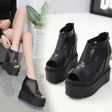 Sandalias de tacón alto de 13cm para mujer, zapatos de gladiador a la moda, con plataforma y cuñas, color negro, para verano 2024 - compra barato