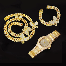 Rock Necklace+Watch+Bracelet Hip Hop Prong 12mm Butterfly Cuban Chain Set Iced Out Rhinestone CZ Bling for Men Women Jewelry Set 2024 - buy cheap