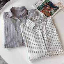 Blusas listradas de verão com mangas 3/4, plus size, moda elegante, camisa casual com gola e lapela, blusa de verão 2024 - compre barato