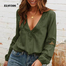 ELSVIOS Lady Autumn Lace Stitching Blouse Women sexy deep v neck Hollow Lantern Sleeve shirts tops Elegant casual solid pullover 2024 - buy cheap