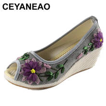 CEYANEAO Vintage Women Floral Pumps Embroidery Linen Shoes Retro Fabric Canvas Peep Toe Dance Wedges Single Heel Sandals 2024 - buy cheap