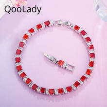 QooLady-pulsera de circonia cúbica para mujer, brazalete brillante de corte cuadrado rojo, cristal, oro blanco, joyería S017 2024 - compra barato