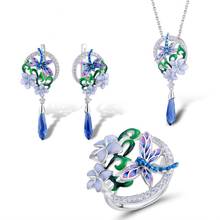 Luxury Female Enamel Dragonfly Jewelry Set Charm Silver Color Wedding Clip Earrings For Women Cute Crystal Flower Necklace Ring 2024 - buy cheap