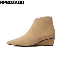 Pointed Toe Wedge Genuine Leather Booties High Quality Women Suede Brand Fall Side Zip Boots Autumn Low Heel Shoes Short 2021 2024 - buy cheap