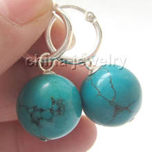 FREE SHIPPING hot sale Beautiful 14mm natural round turquoises earring - 925 silver hoop 2024 - buy cheap