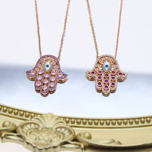 Модное женское ожерелье Lucky Турецкий Дурной глаз Fatima's hand jewelry цвета розового золота с красным и фиолетовым фианитом 2024 - купить недорого