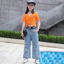 Teenage Kids Clothing 2021 Summer Boutique Beauty Cute Jeans Suit Thanksgiving Little Girl Korean Tracksuit Princess Two Piece 2024 - buy cheap