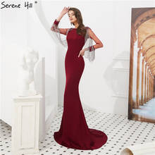 Wine Red Long Sleeve Tassel Prom Dresses 2021 Beading Satin Mermaid Long Prom Gowns Serene Hill LA6219 2024 - buy cheap