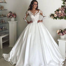 Robe De Mariee 2019 Совок с длинными рукавами Vestidos De Noiva Со Шлейфом Кружевное Свадебное платье с аппликацией Атласное Бальное платье Свадебные платья 2024 - купить недорого