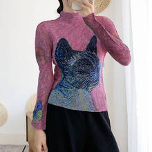 Changpleat Весенние новые женские футболки с длинным рукавом с принтом топы miяка плиссированная мода Водолазка эластичная тонкая женская футболка T9 2024 - купить недорого
