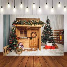 Fondo fotográfico de invierno, Chalets, árbol de Navidad, puerta, regalo, decoración de árbol de Navidad, telones de fondo para estudio fotográfico 2024 - compra barato