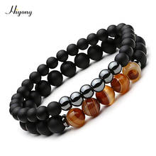 HIYONG 2pcs Men Women Bracelets Triped Agates Matte Black Onyx Beads Bracelet Natural Stone Hematite Energy Pulseira Masculina 2024 - buy cheap