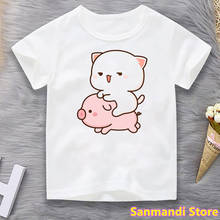 Funny Kids Clothes Peach Cat Riding Pig Cartoon Print Tshirt Girls/Boys Kawaii Children Clothing Harajuku Shirt Tumblr Tops Tee 2024 - buy cheap