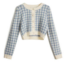 Knitted Cardigan Ladies Plaid Cropped Women Sweater Single Breasted Long Sleeve Outerwear Korean Autumn Clothes 2024 - buy cheap