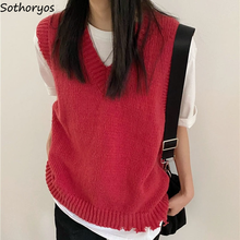 Sweater Vest Women Solid Chic Simple Knitted V-neck Loose Leisure Streetwear Retro Ulzzang Irregular Jumper Elegant Tops Womens 2024 - buy cheap