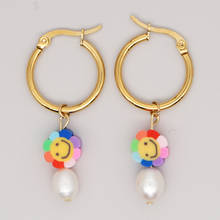 Go2Boho-pendientes de gota de perlas reales para mujer, joyería linda de Smiley, pendiente colgante de verano para mujer, flor de arco iris, Círculo de acero inoxidable 2021 2024 - compra barato