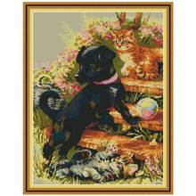 Conjunto de bordado de punto de cruz para decoración del hogar, juego de costura con diseño de perro y gato negro, animales impresos en el lienzo, 11CT, 14CT 2024 - compra barato