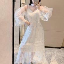2021 Spring Autumn Fashion Runway Holiday Elegant Dress Women High Waist Long sleeve O-neck White Mesh Sequin Embroidery Dress 2024 - buy cheap