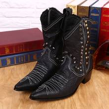 Christia Bella Pointed Toe Men's Big Size Genuine Leather Long Boots Cowboy Party Male Heighten Boots Men Fashion Rivet Boots 2024 - buy cheap