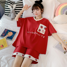 Conjunto de Pijama Rojo de dos piezas para mujer, ropa de dormir cómoda y suave con cuello en V, estilo Kawaii japonés, informal, de verano, Harajuku 2024 - compra barato