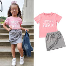 1-6Y Toddler Baby Girls Clothes Sets Lovely Letter Print Pink Short Sleeve T Shirts Tops+Grey Mini Skirts 2024 - buy cheap