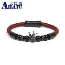 Pulseira masculina de couro legítimo, bracelete de casal com fecho magnético de aço inoxidável 2024 - compre barato