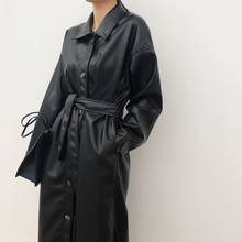 Jaqueta longa de couro pu estilosa feminina, casaco trench coat corta-vento de couro pu para primavera e outono 2021 2024 - compre barato