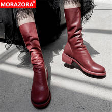 MORAZORA-Botas de piel auténtica con tacón cuadrado y punta redonda para mujer, zapatos de media caña, invierno, 2021 2024 - compra barato