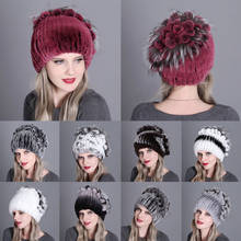 Chapéu de inverno feminino de malha, bonés de pele real de coelho com flores de pele de raposa, gorros listrados de pele da moda, chapéus casuais de meninas 2024 - compre barato