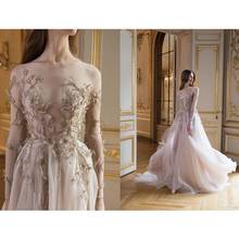2020 Spring Fairy Bridesmaid Gowns Illusion Long Sleeve Appliqued Tulle Elegant Prom Party Dress Slash Neck Long Formal Dress 2024 - buy cheap