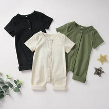 Macacão infantil para bebês, meninos e meninas, roupas de verão com botão, macacão, manga curta sólida, uma peça 2024 - compre barato