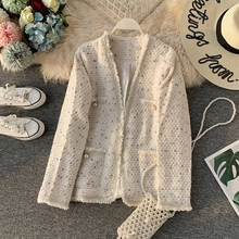 Abrigo de Tweed con fragancia pequeña para mujer, chaqueta con cuello en V, de un solo pecho, primavera y otoño 2024 - compra barato